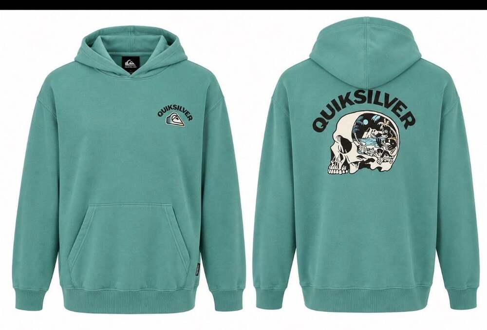 Quiksilver Green Hoodie Pullover Skull Beach Graphic Size L 14/16